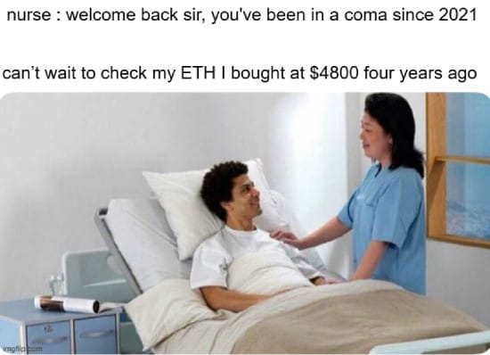 Meme about Ethereum holders waking up from a coma