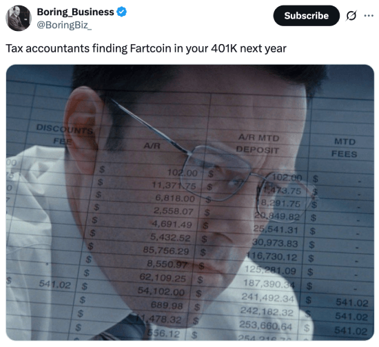 Meme about Fartcoin in your 401(k)