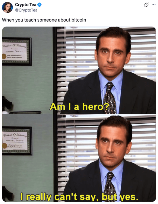 Meme about feeling like a hero when teaching about Bitcoin