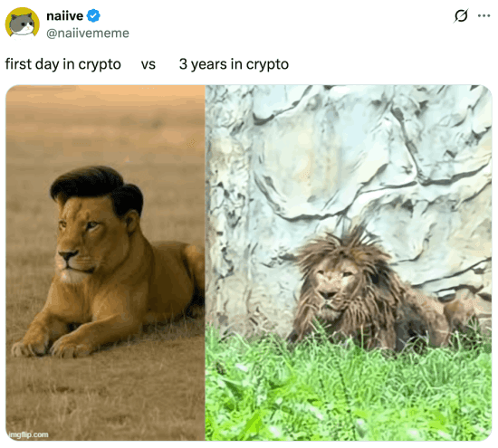 Meme about first day vs. 3 years in crypto