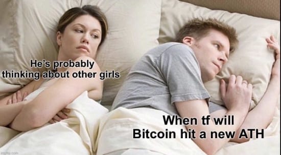 Meme about guys thinking about Bitcoin all-time high