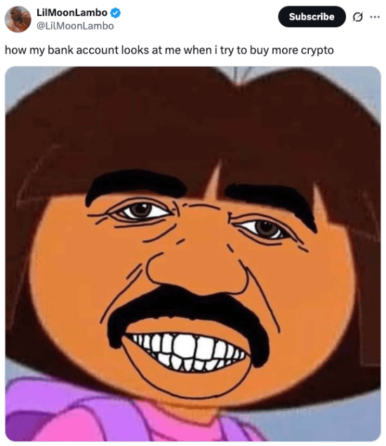 Meme about how my bank account looks at me when I buy more crypto