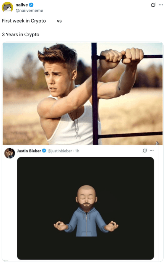 Meme about how you look first week vs. 3 years in crypto