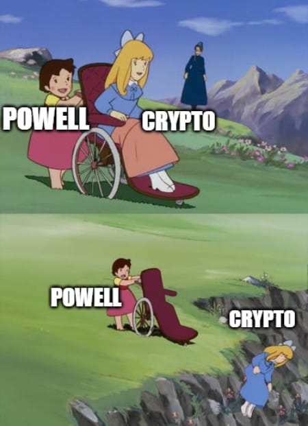 Meme about Jerome Powell pushing crypto down a hill