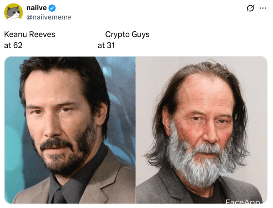 Meme about Keanu Reeves at 62 vs. crypto guys at 31