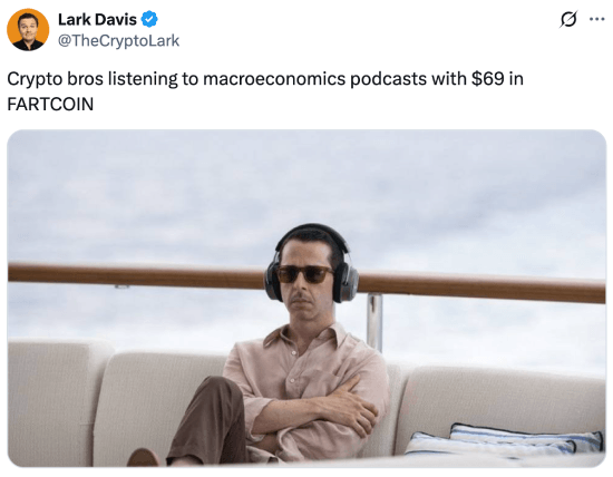 Meme about memecoiners listening to macroeconomics podcasts