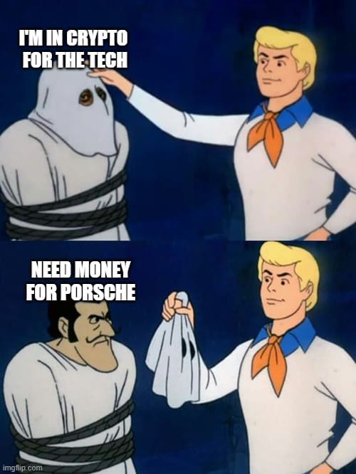 Meme about saying you're in crypto for the tech, but you just need money