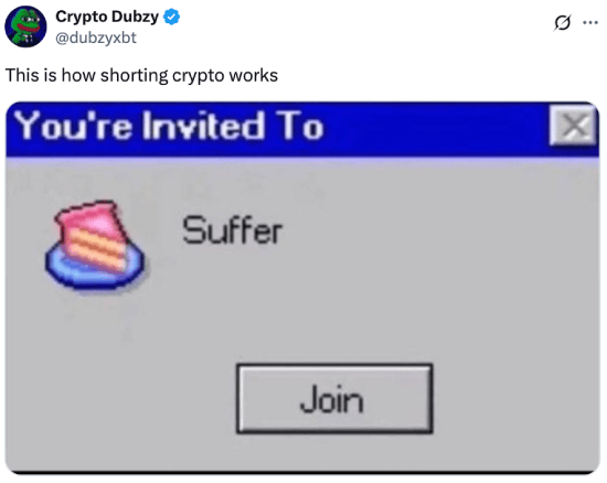 Meme about shorting crypto being like suffering