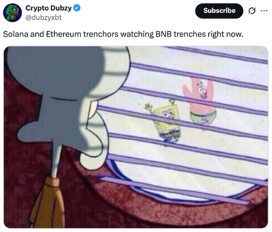 Meme about Solana and Ethereum trenchors watching BNB