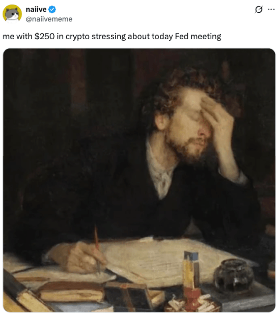 Meme about stressing over Fed meeting with $250 in crypto