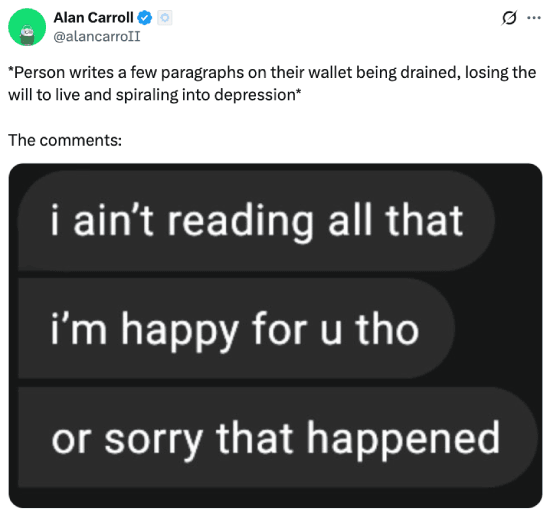 Meme about the comments to someone sharing a traumatic experience in crypto