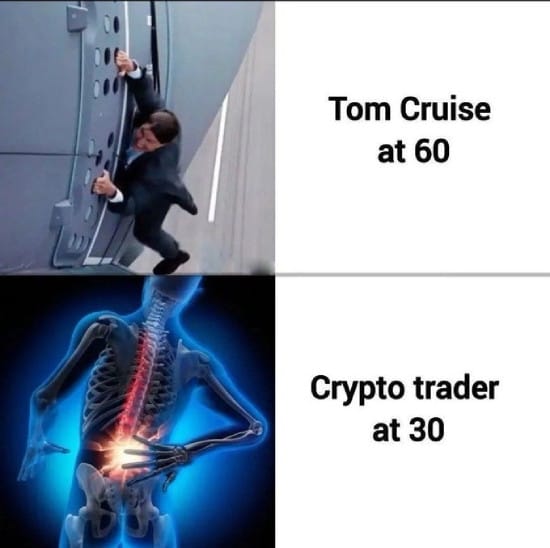 Meme about Tom Cruise at 60 vs crypto traders at 30