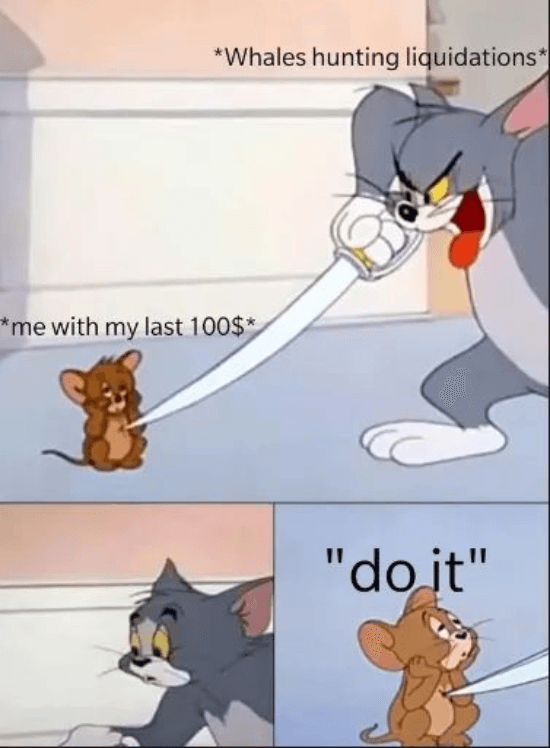 Meme about whales hunting liquidations pressuring me with my last $100