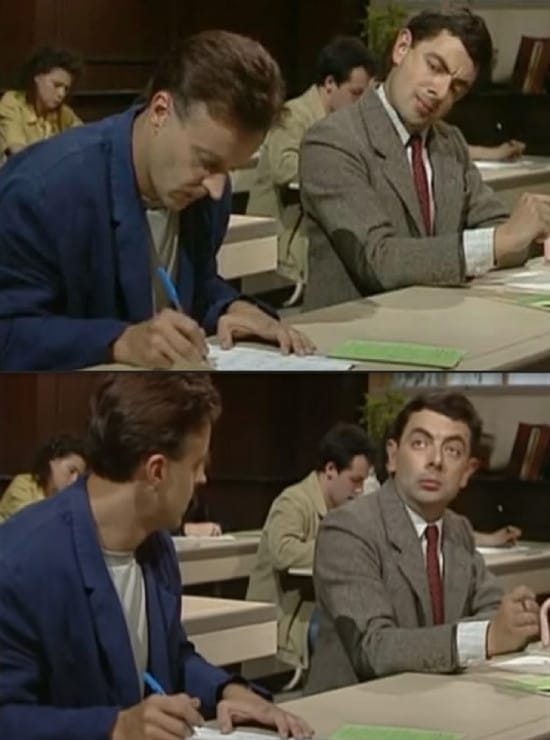 Mr. Bean copying homework meme