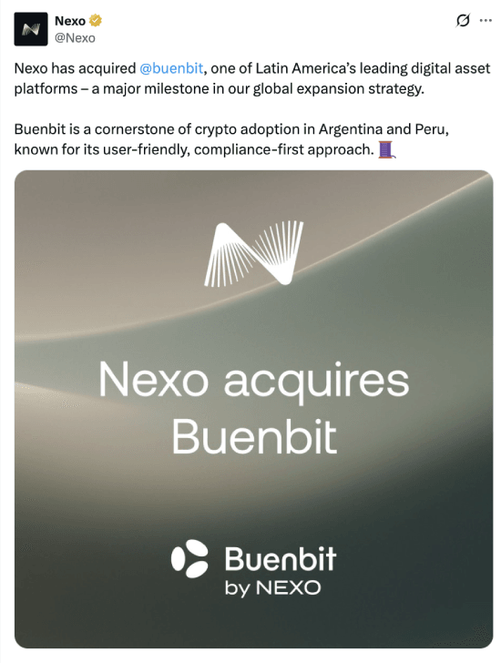 Nexo's tweet about buying Buenbit