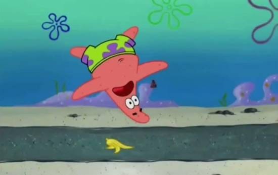 Patrick slipping on a banana peel