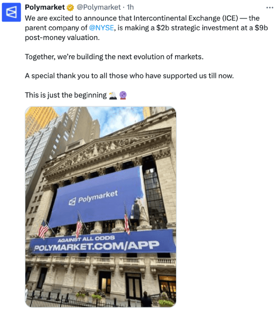 Polymarket's tweet about ICE's investment