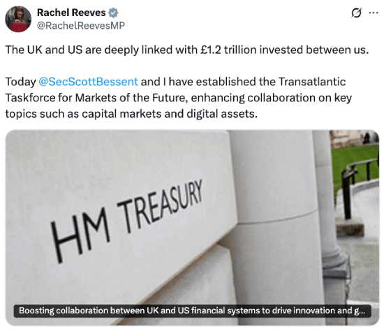 Rachel Reeves tweet about UK-US crypto rule collaboration