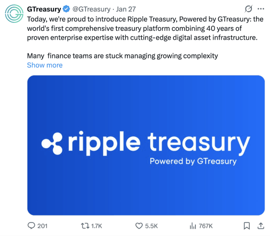 Ripple Treasury announcement post