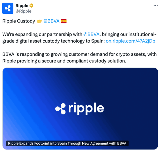 Ripple tweet about partnering with BBVA