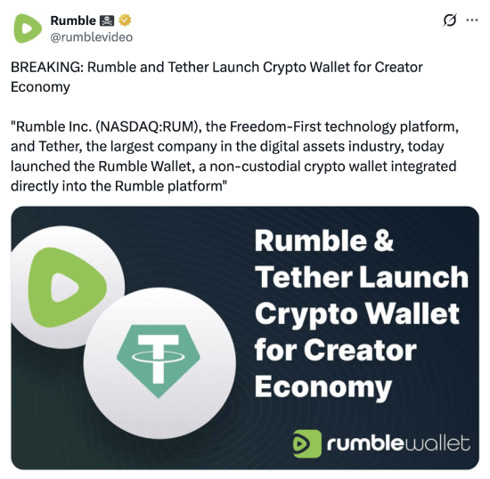 Rumble's tweet about Rumble wallet