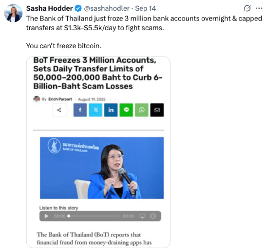 Sasha Hodder tweet about Thai bank account freezes