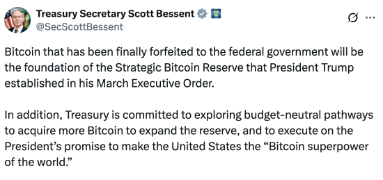 Scott Bessent tweet about the US buying Bitcoin