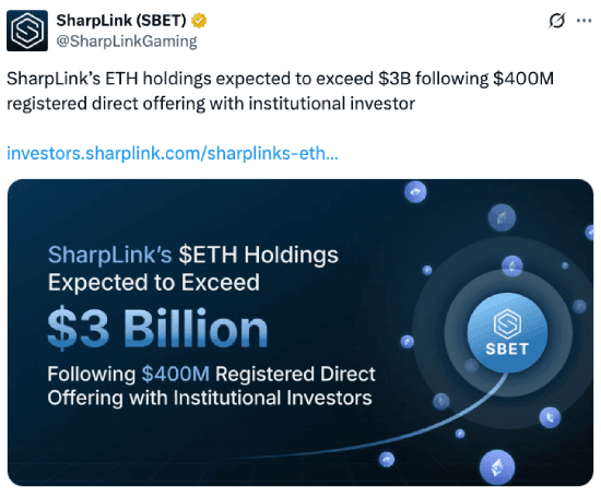 SharpLink tweet about ETH holdings