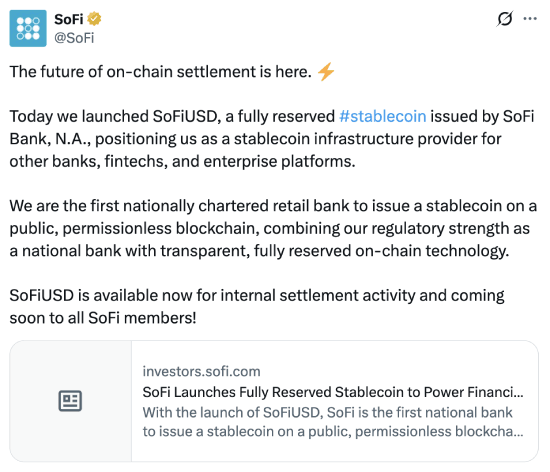 SoFi's tweet about SoFiUSD