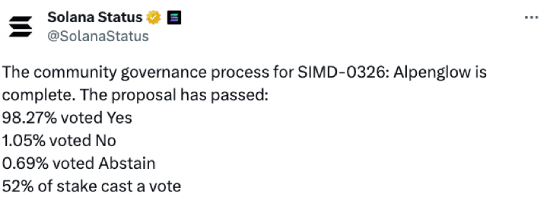 Solana Status tweet about Alpenglow approval