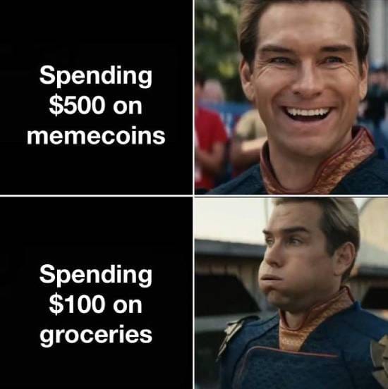 Spending $500 on memecoins vs. $100 on groceries