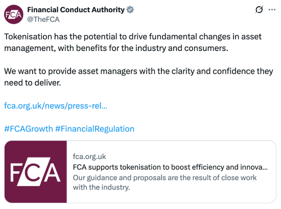 The FCA's tweet about tokenized investment funds