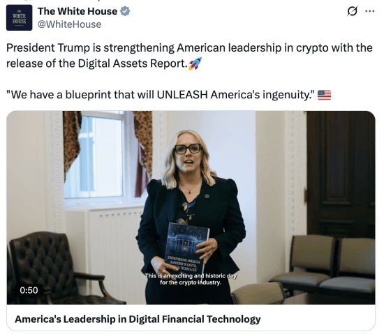 The White House's tweet about the Digital Assets Report