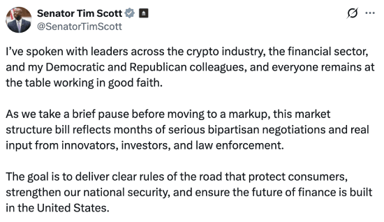 Tim Scott's tweet about the CLARITY Act