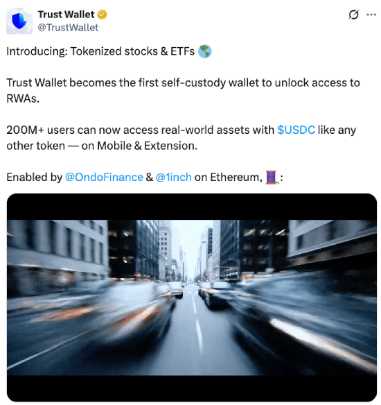Trust Wallet tweet about unlocking tokenized RWAs
