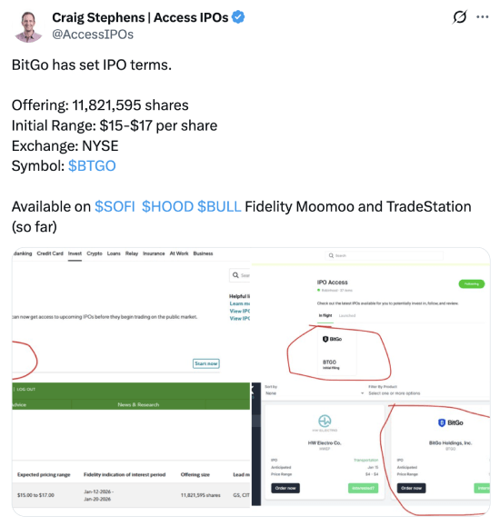 Tweet about BitGo's IPO terms
