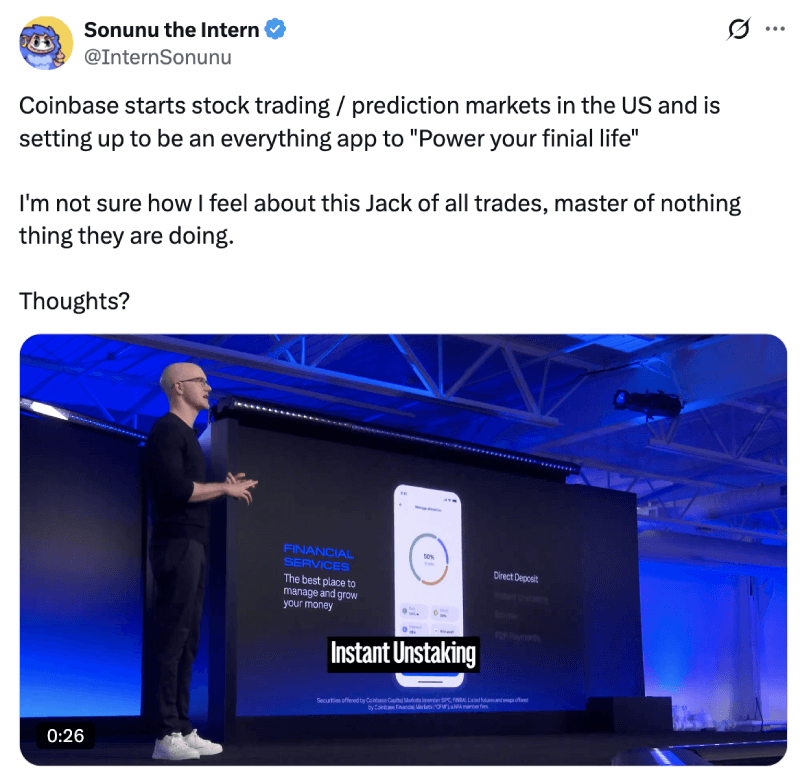 Tweet about Coinbase's everything app