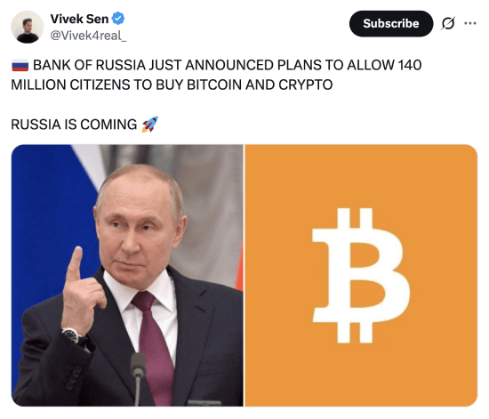 Tweet about Russia's crypto plans