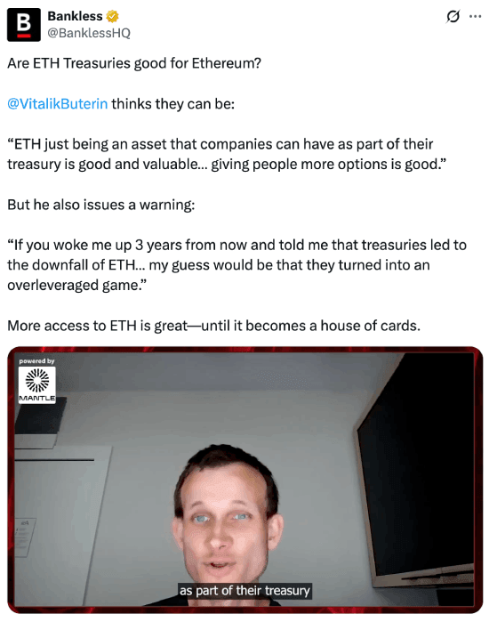 Tweet about Vitalik Buterin's opinion on Ethereum treasury companies