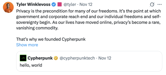 Tyler Winklevoss tweet about Cypherpunk