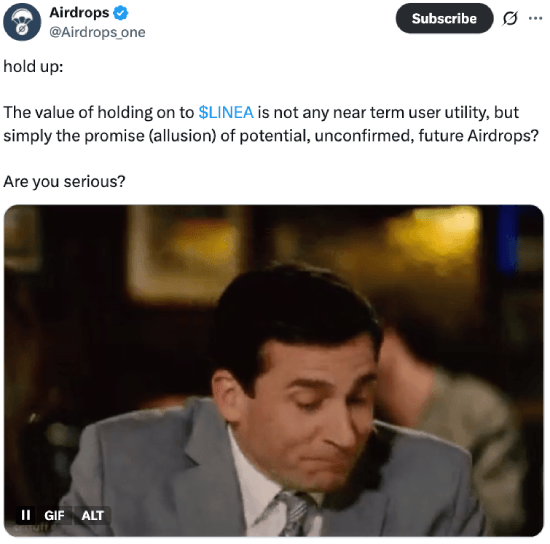 User sharing their disappointment with LINEA's use cases