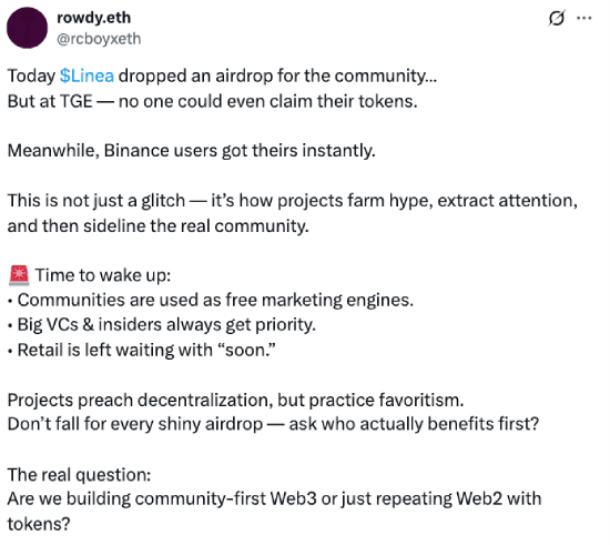 User sharing their disappointment with the LINEA airdrop