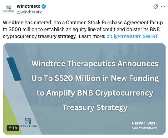 Windtree's tweet about its BNB treasury strategy