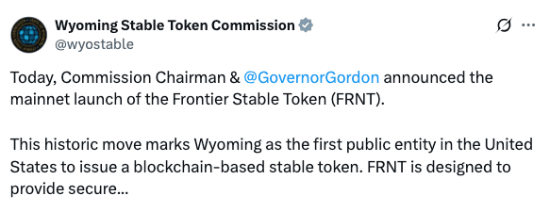 Wyoming Stable Token Commission's tweet about the launch of the Frontier Stable Token