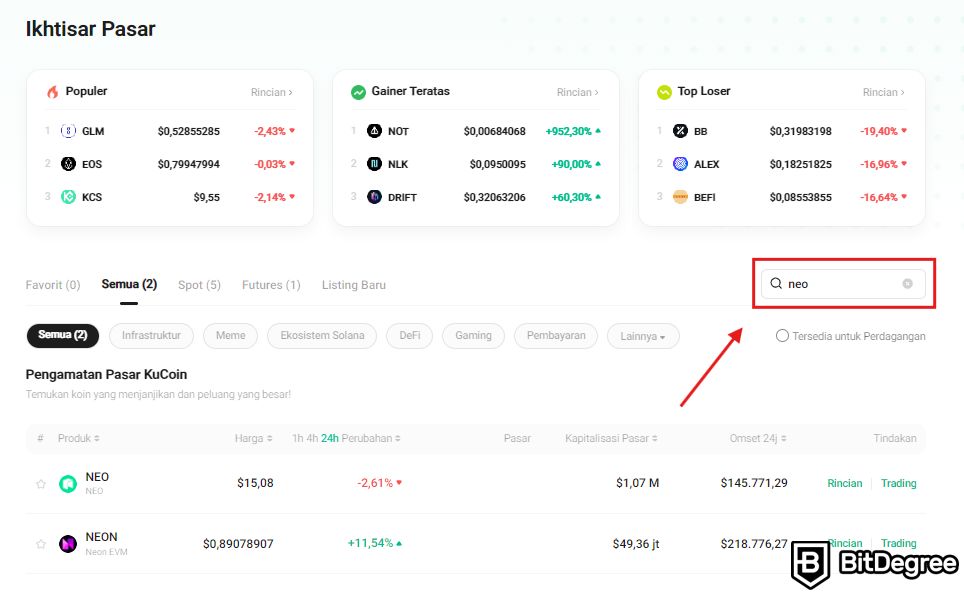Review KuCoin: Bilah pencarian di laman Ikhtisar Pasar.