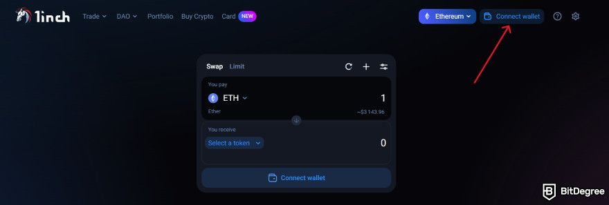 1inch review: connect a wallet.