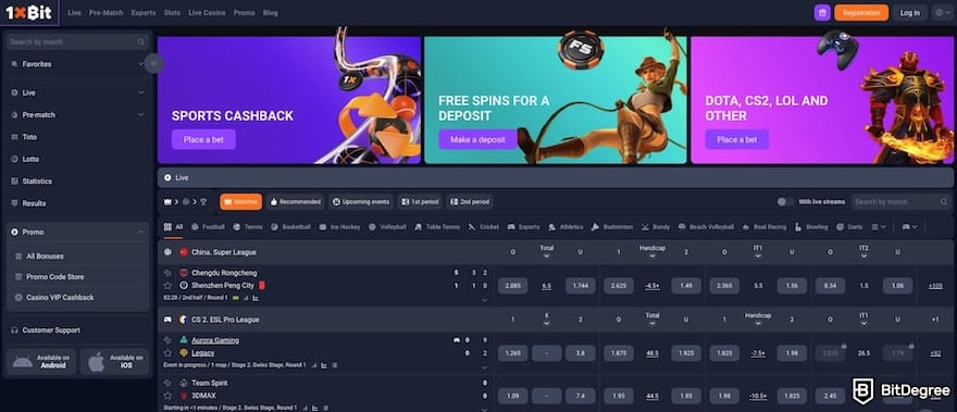 1xBit review: live matches shown on 1xBit's homepage.