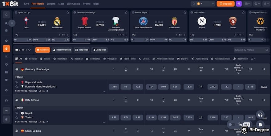 1xBit review: the pre-match section on 1xBit's website.