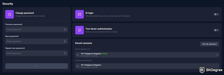 1xBit review: security settings.