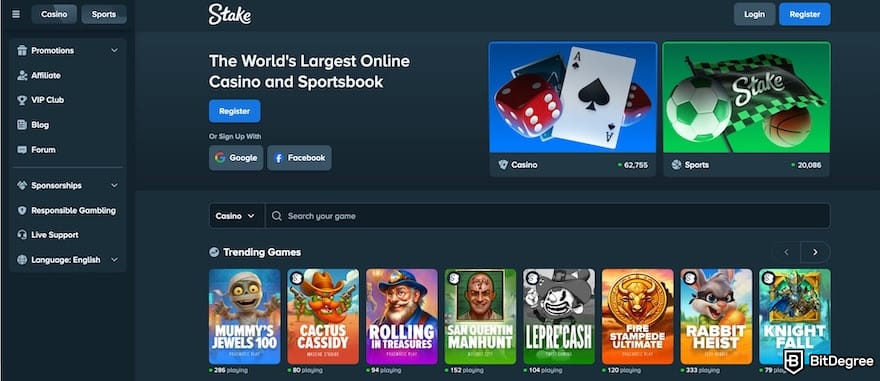 1xBit review: the Stake homepage.